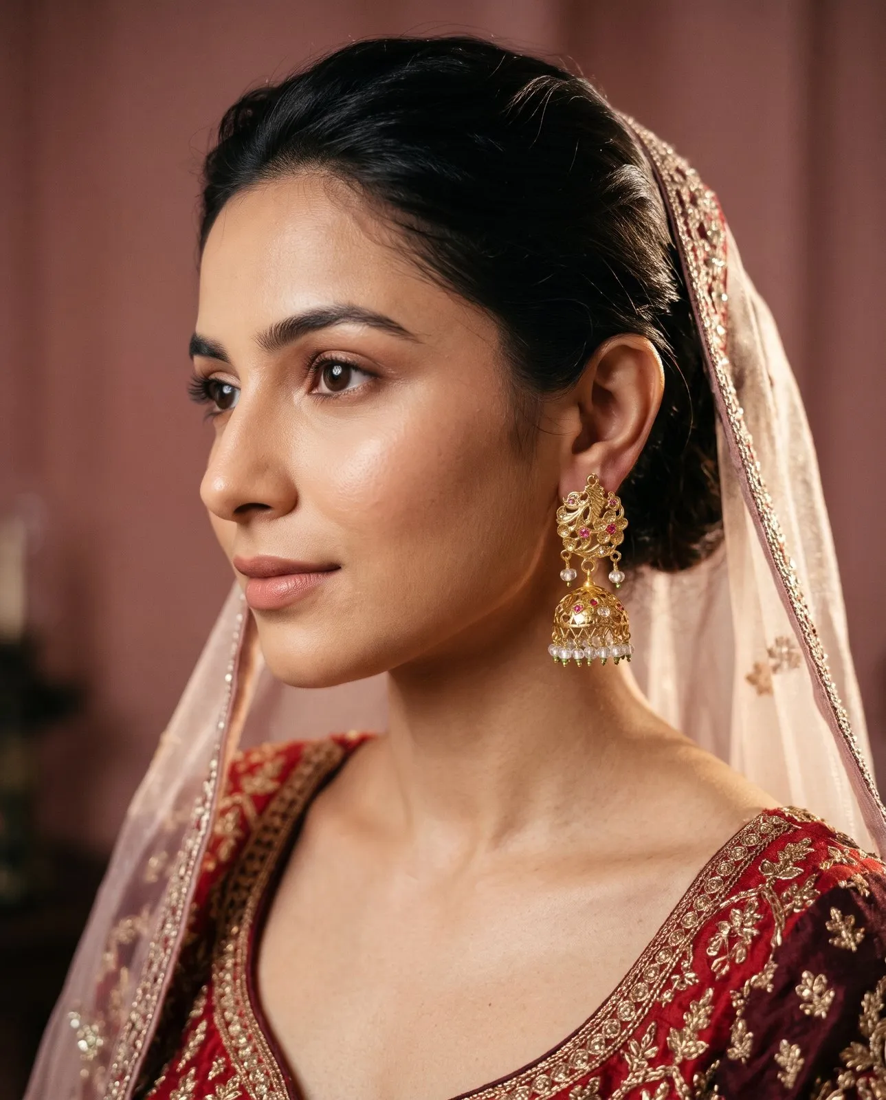 Indian bride in a sheer pink dupatta and maroon embroidered blouse wearing a gold jhumka, in profile against a rose wall