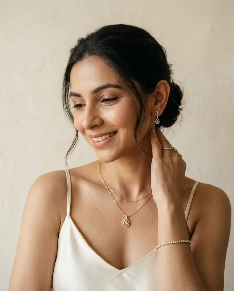 A smiling woman in an ivory slip wearing fine diamond jewellery, an AI look made by GehnaLab